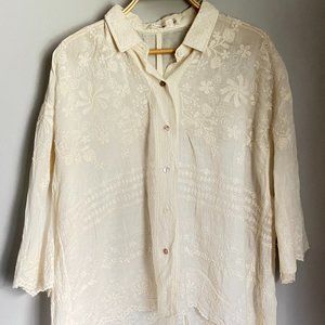 Socialite Sheer Cream Floral Embroidered Button Up Blouse